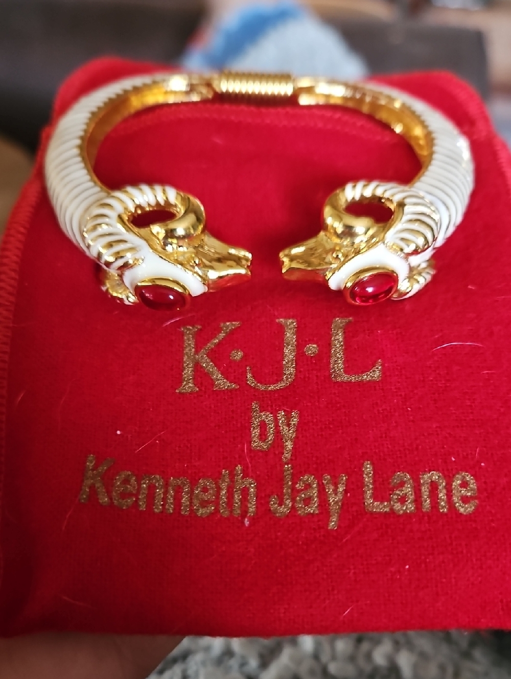 Kenneth Jay Lane White Enamel and Gold Ram Head Cuff with Red Stone Accents
